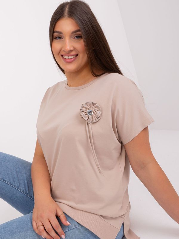 Fashionhunters Beige women's blouse plus size with short sleeves