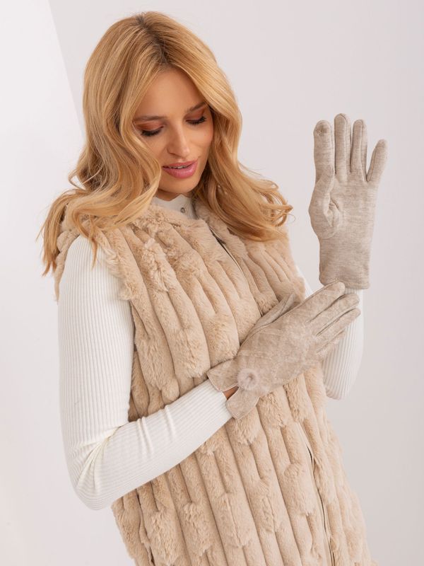 Fashionhunters Beige women's gloves with pompom