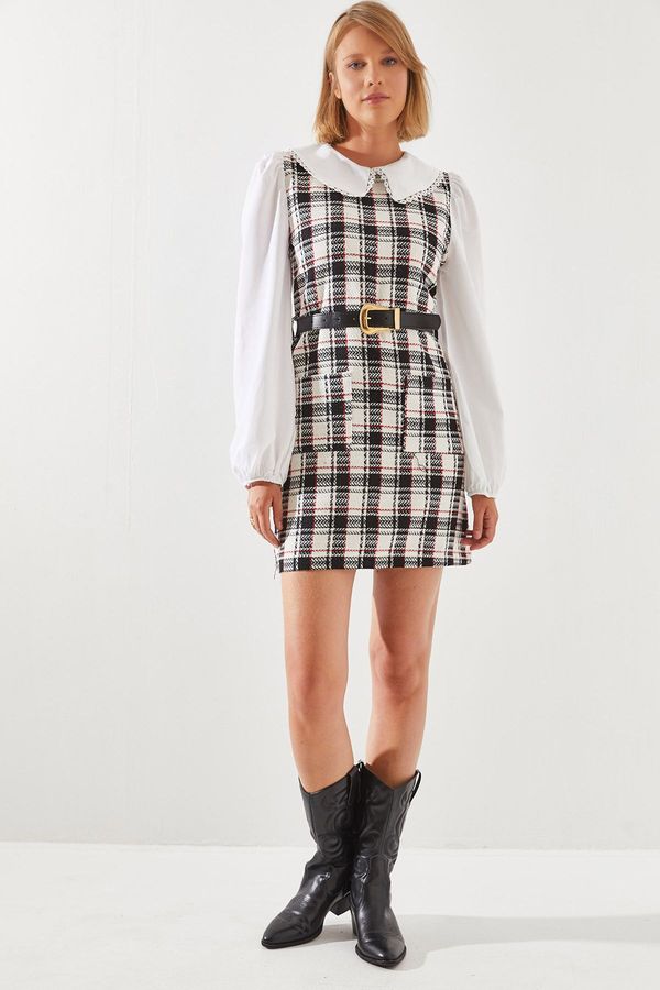 Bianco Lucci Bianco Lucci Women's Belted Plaid Patterned Collar Dress