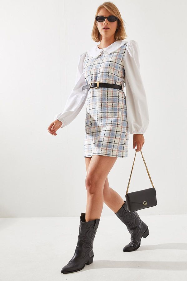 Bianco Lucci Bianco Lucci Women's Belted Plaid Patterned Collar Dress