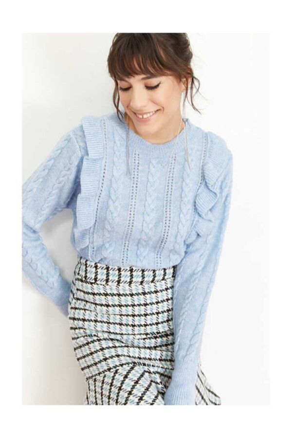 Bianco Lucci Bianco Lucci Women's Blue Openwork Ruffled Sweater