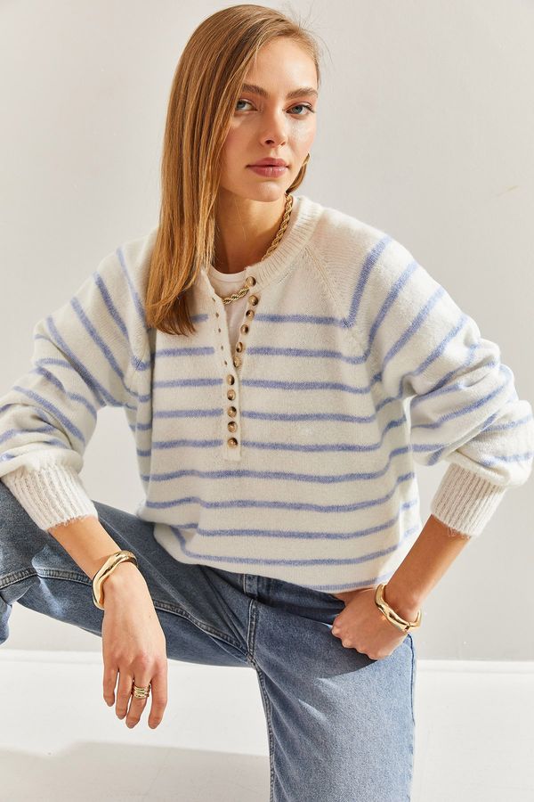 Bianco Lucci Bianco Lucci Women's Button-down Collar Turtleneck Striped Knitwear Sweater