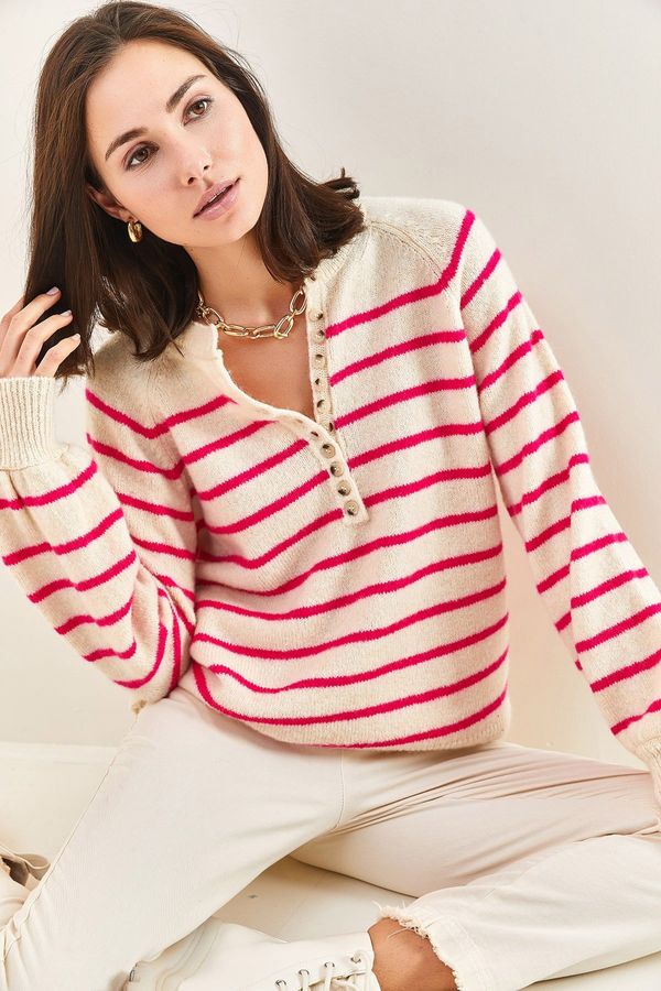 Bianco Lucci Bianco Lucci Women's Buttoned Neck Turtleneck Striped Knitwear Sweater