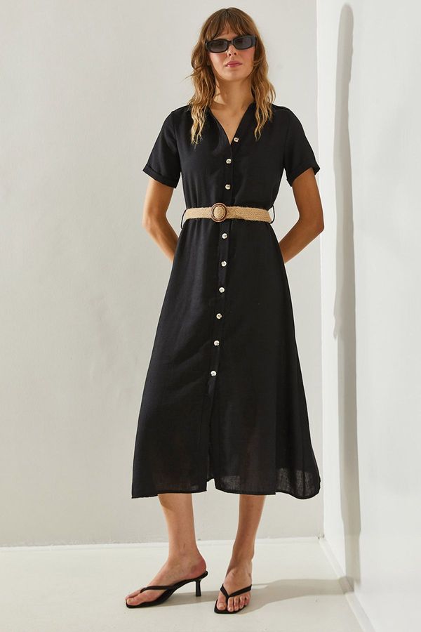 Bianco Lucci Bianco Lucci Women's Buttoned Short Sleeve Straw Belted Linen 2743 Dress