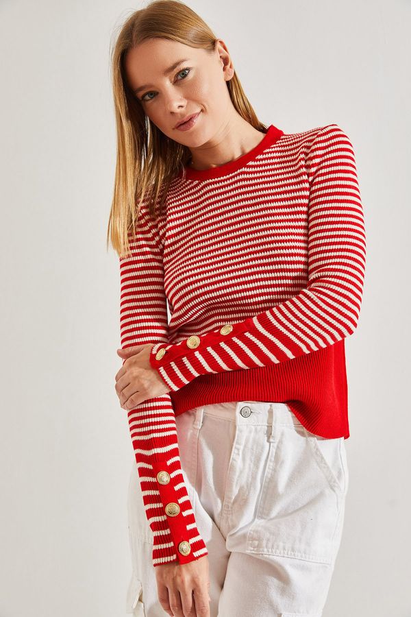 Bianco Lucci Bianco Lucci Women's Buttoned Sleeve Striped Knitwear Sweater