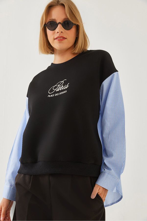 Bianco Lucci Bianco Lucci Women's Crew Neck Shirt Sleeve Garnish 3 Thread Inside Raised Embroidered Sweatshirt