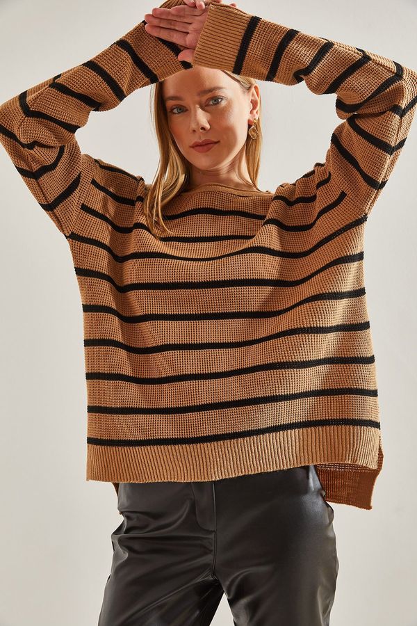 Bianco Lucci Bianco Lucci Women's Crew Neck Striped Knitwear Sweater