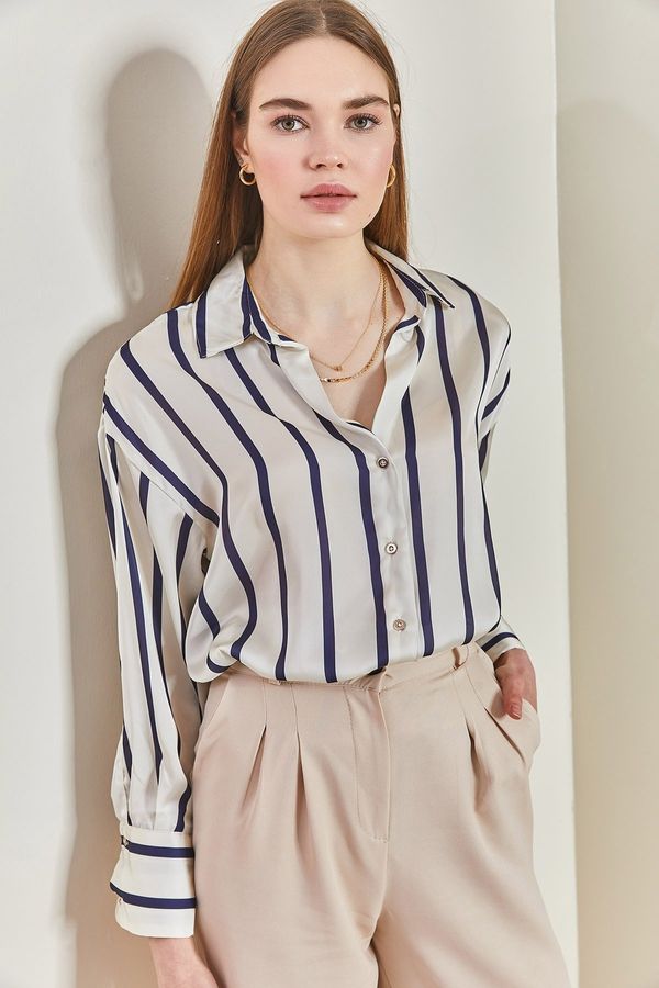 Bianco Lucci Bianco Lucci Women's Cuff Sleeve Striped Satin Shirt