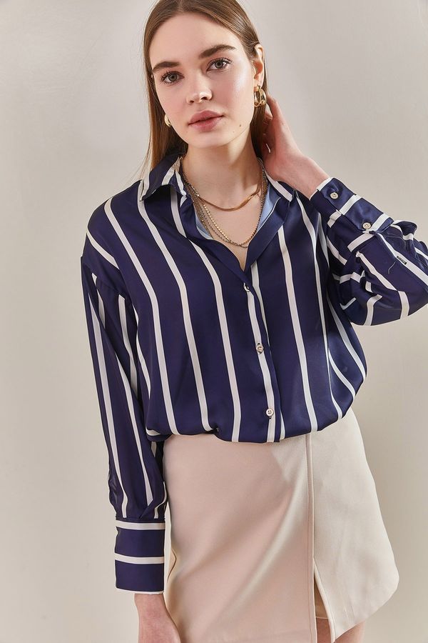 Bianco Lucci Bianco Lucci Women's Cuff Sleeve Striped Satin Shirt