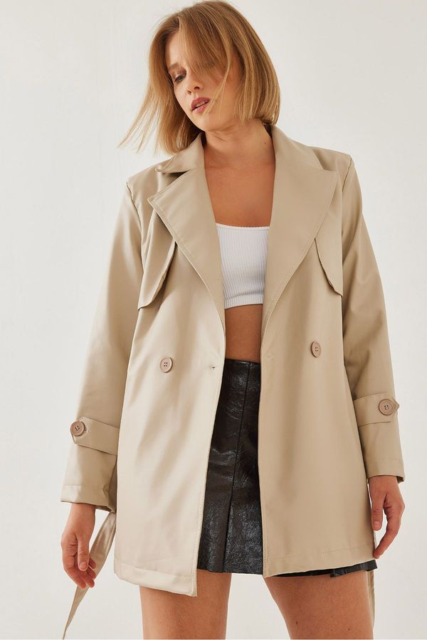 Bianco Lucci Bianco Lucci Women's Double Breasted Belted Pocket Wind Flap Leather Short Trench Coat 2377