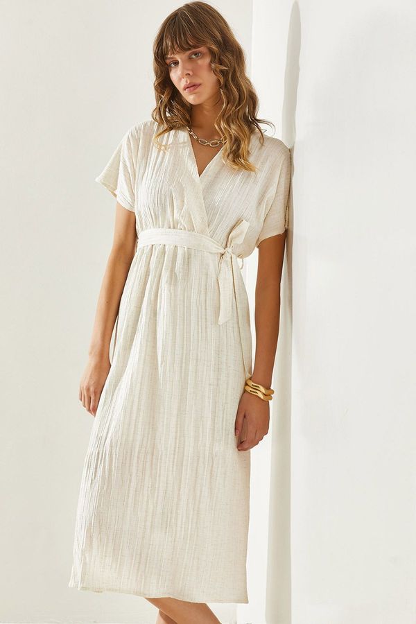 Bianco Lucci Bianco Lucci Women's Double Breasted Collar Belted Lined Linen Dress with Elastic Waist