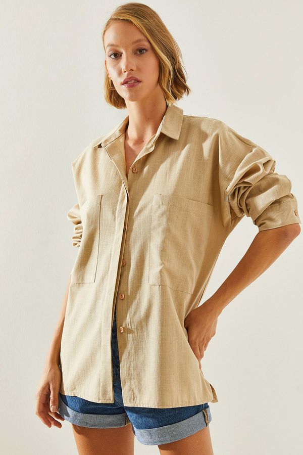 Bianco Lucci Bianco Lucci Women's Double Pocket Linen Shirt 8157