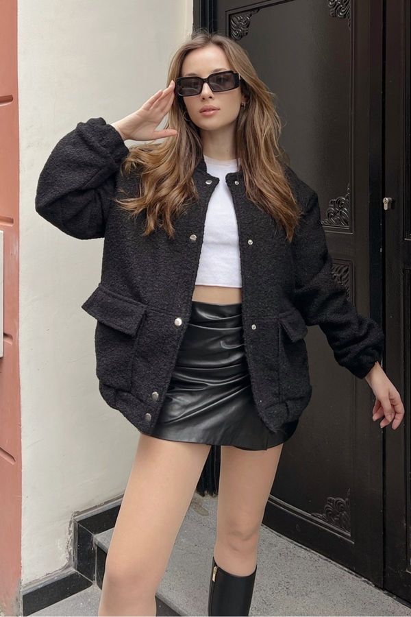 Bianco Lucci Bianco Lucci Women's Double Pocket Snap Fastener Fabric Coat