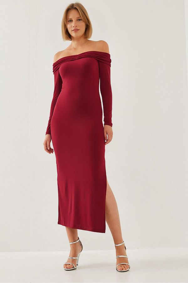 Bianco Lucci Bianco Lucci Women's Drape Detailed Madonna Collar Slit Dress 391