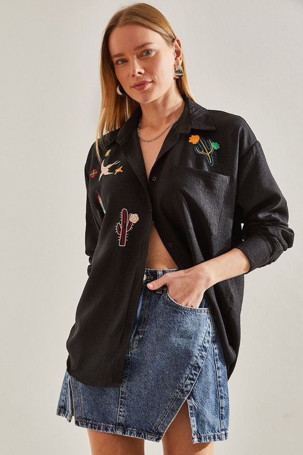 Bianco Lucci Bianco Lucci Women's Embroidered Linen Shirt