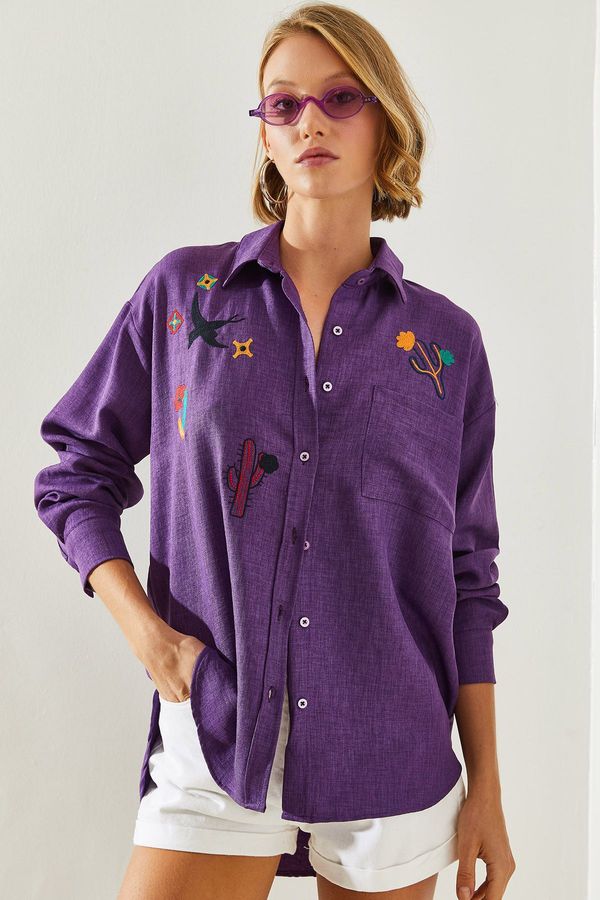 Bianco Lucci Bianco Lucci Women's Embroidered Linen Shirt