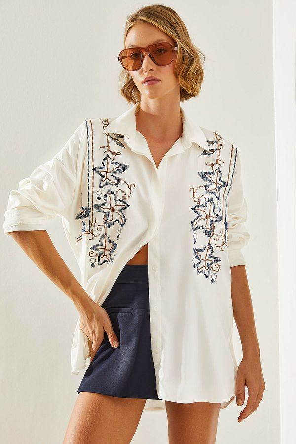 Bianco Lucci Bianco Lucci Women's Embroidered Patterned Oversize Shirt 5928