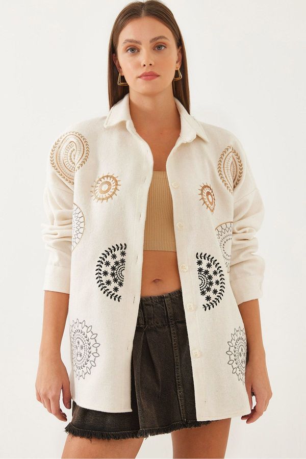 Bianco Lucci Bianco Lucci Women's Embroidered Sequined Cashmere Shirt