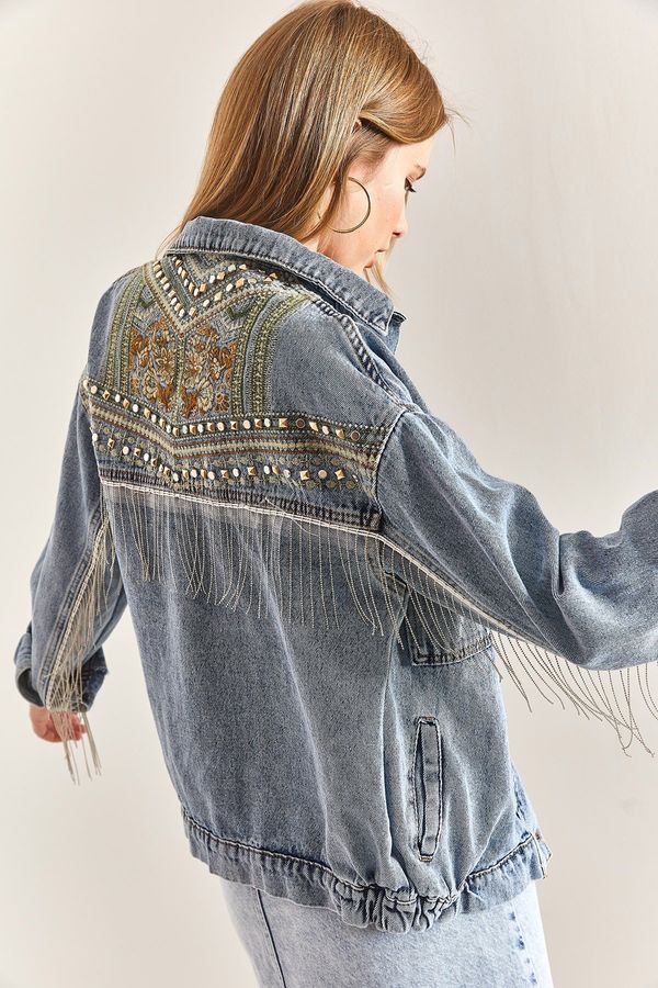 Bianco Lucci Bianco Lucci Women's Embroidered Stone Embroidered Denim Jacket