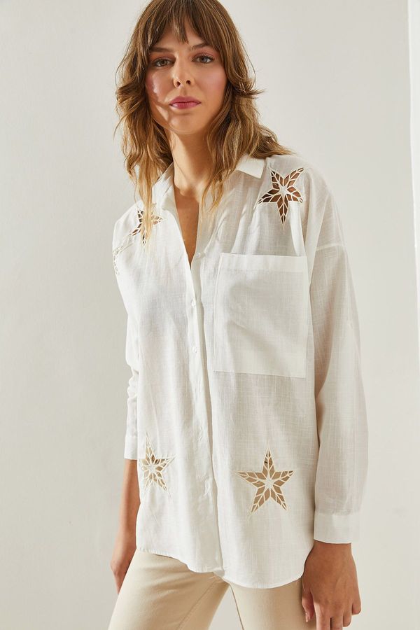 Bianco Lucci Bianco Lucci Women's Flam Linen Star Laser Cut Single Pocket Long Sleeve Shirt