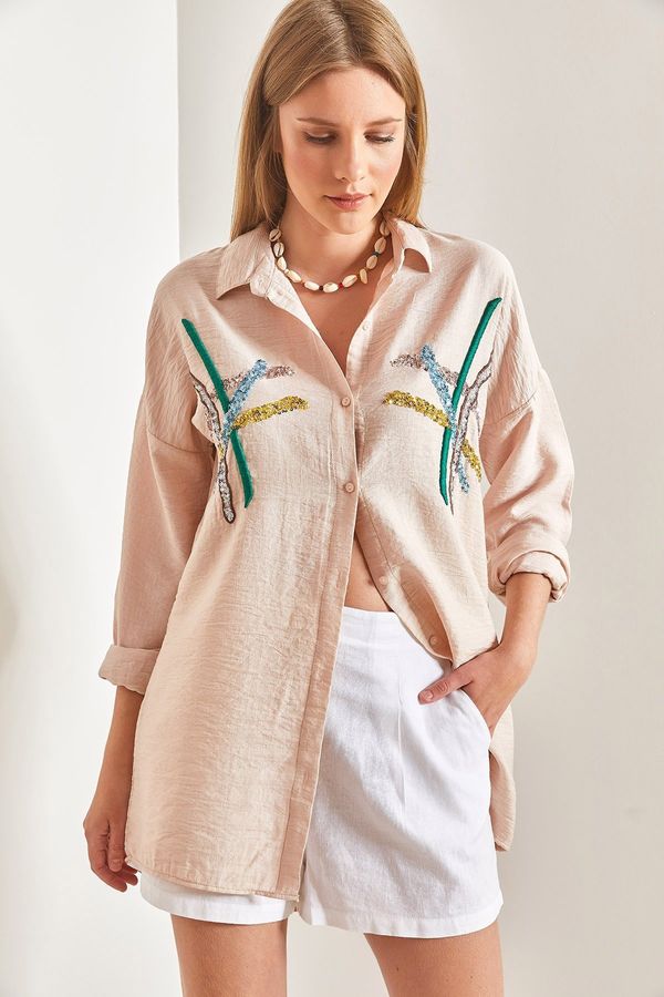 Bianco Lucci Bianco Lucci Women's Flax Wrap Shirt With Embroidered Sequins Palettes