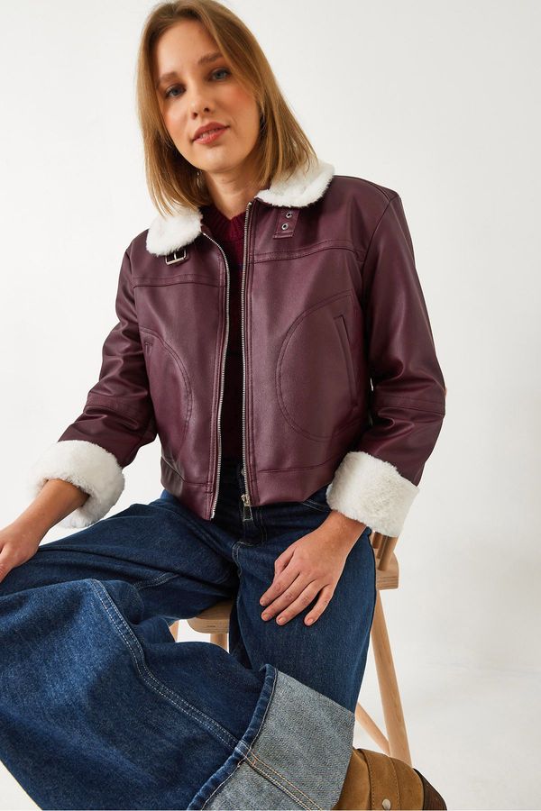 Bianco Lucci Bianco Lucci Women's Fur Lined Leather Coat with Buckled Collar