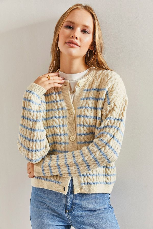 Bianco Lucci Bianco Lucci Women's Hair Braid Striped Knitwear Cardigan