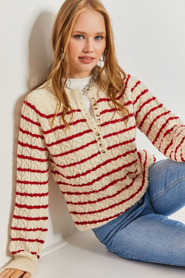 Bianco Lucci Bianco Lucci Women's Hair Braided Collar Buttonhole Striped Knitwear Sweater