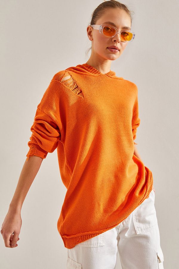 Bianco Lucci Bianco Lucci Women's Hooded Ripped Detail Knitwear Sweater