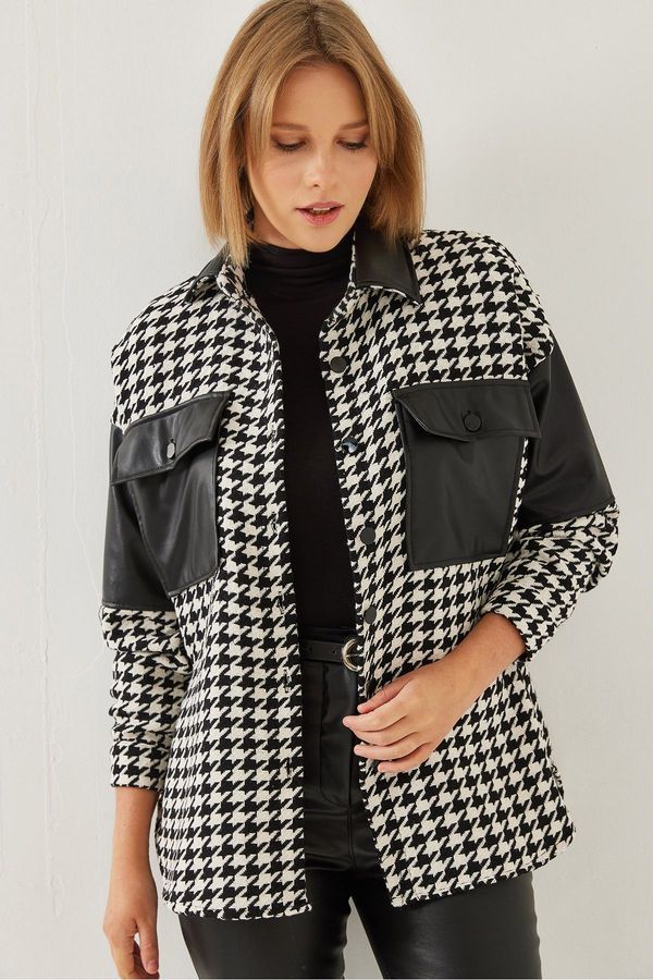 Bianco Lucci Bianco Lucci Women's Houndstooth Patterned Leather Garnished Stamp Shirt