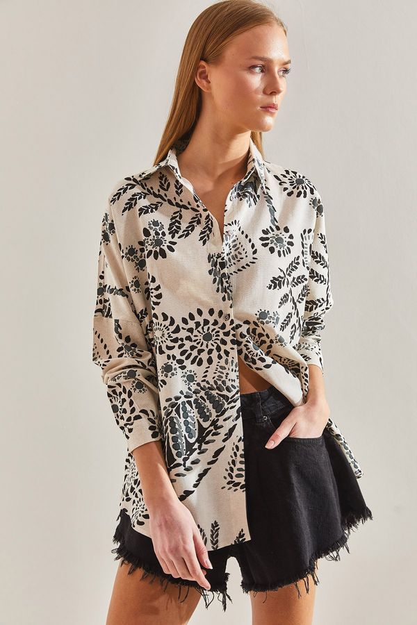 Bianco Lucci Bianco Lucci Women's Large Leaf Patterned Loose Linen Shirt