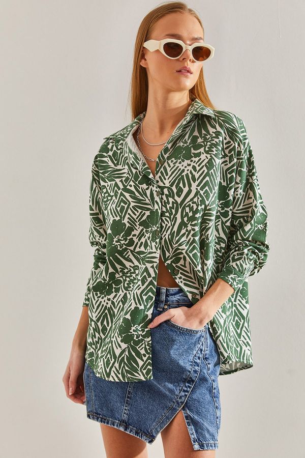 Bianco Lucci Bianco Lucci Women's Leaf Patterned Casual Linen Shirt