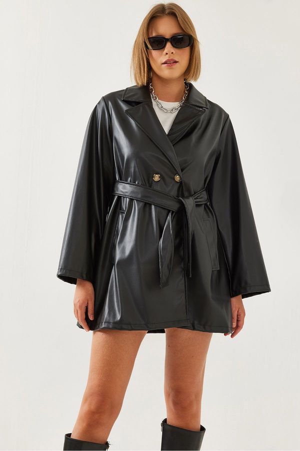 Bianco Lucci Bianco Lucci Women's Leather Raised Belted Trench Coat