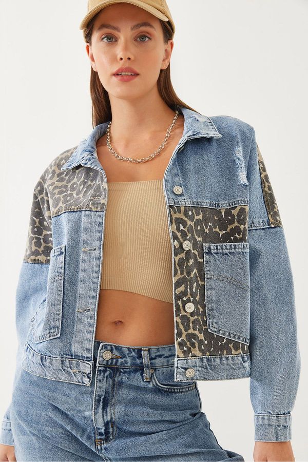 Bianco Lucci Bianco Lucci Women's Leopard Detail Denim Jacket