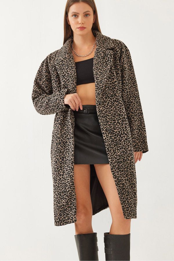 Bianco Lucci Bianco Lucci Women's Leopard Patterned Double Breasted Cashmere Coat 2479