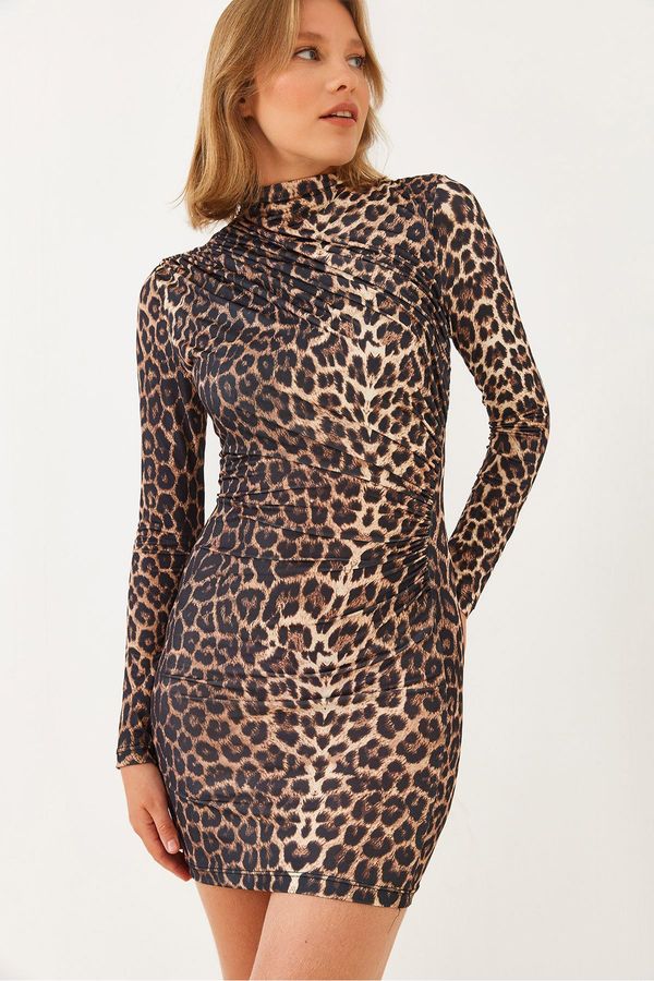 Bianco Lucci Bianco Lucci Women's Leopard Print Gathered Front Mini Dress