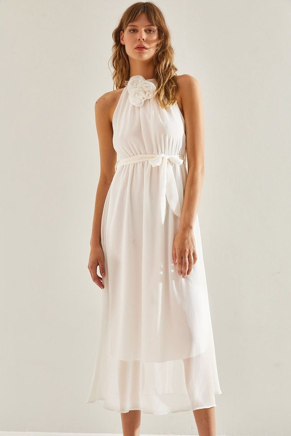 Bianco Lucci Bianco Lucci Women's Mobile Flower Accessory Elastic Waist Chiffon Dress