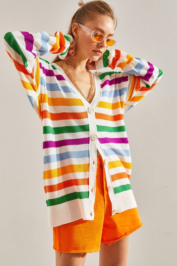 Bianco Lucci Bianco Lucci Women's Multi Color Striped Knitwear Cardigan