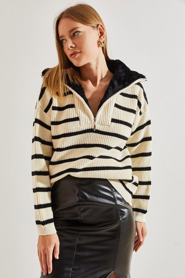 Bianco Lucci Bianco Lucci Women's Neck Shearling Fur Striped Zipper Knitwear Sweater