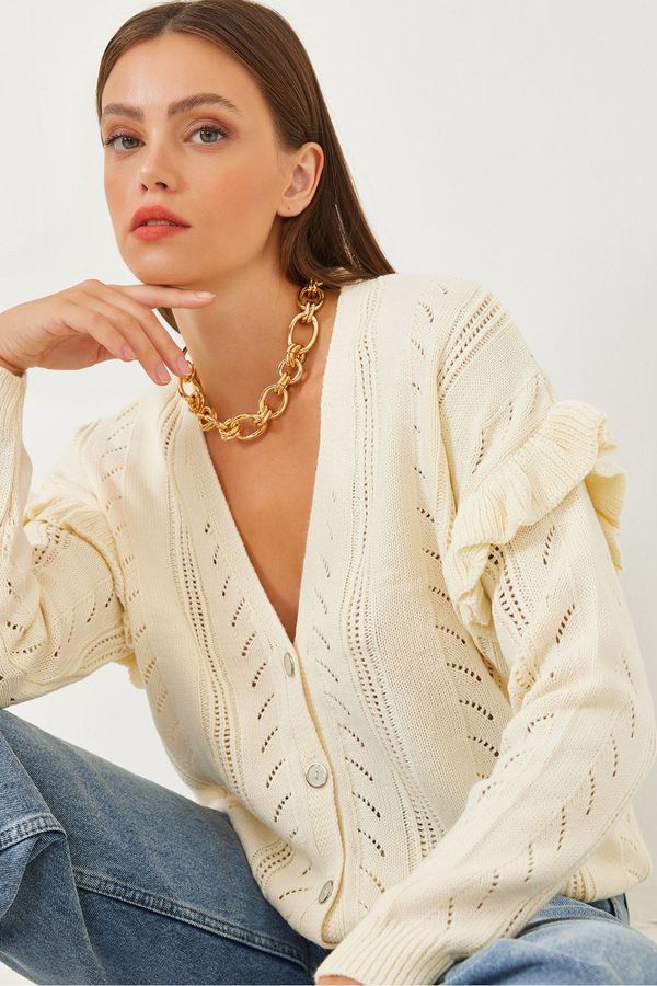 Bianco Lucci Bianco Lucci Women's Openwork Frilly Knitwear Cardigan