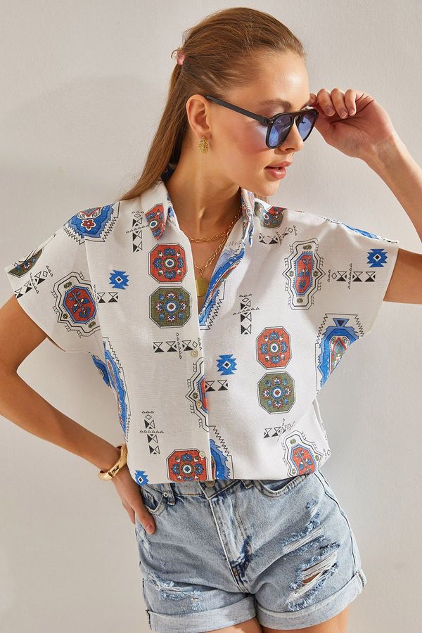 Bianco Lucci Bianco Lucci Women's Patterned Bat Sleeve Linen Shirt