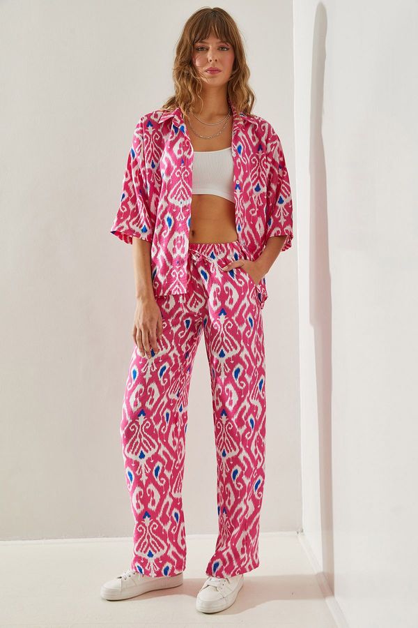 Bianco Lucci Bianco Lucci Women's Patterned Modal Printed Palazzo Trousers 5614 Bottom-Top Set