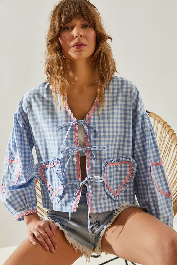 Bianco Lucci Bianco Lucci Women's Plaid Heart Embroidery Detailed Tied Blouse 31200