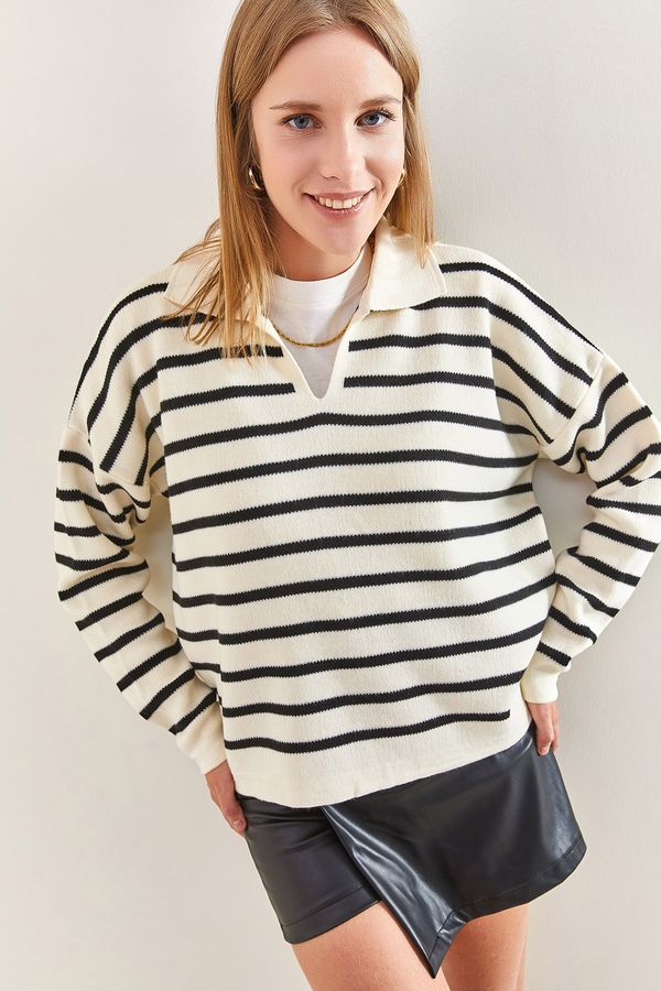 Bianco Lucci Bianco Lucci Women's Polo Neck Striped Oversize Knitwear Sweater