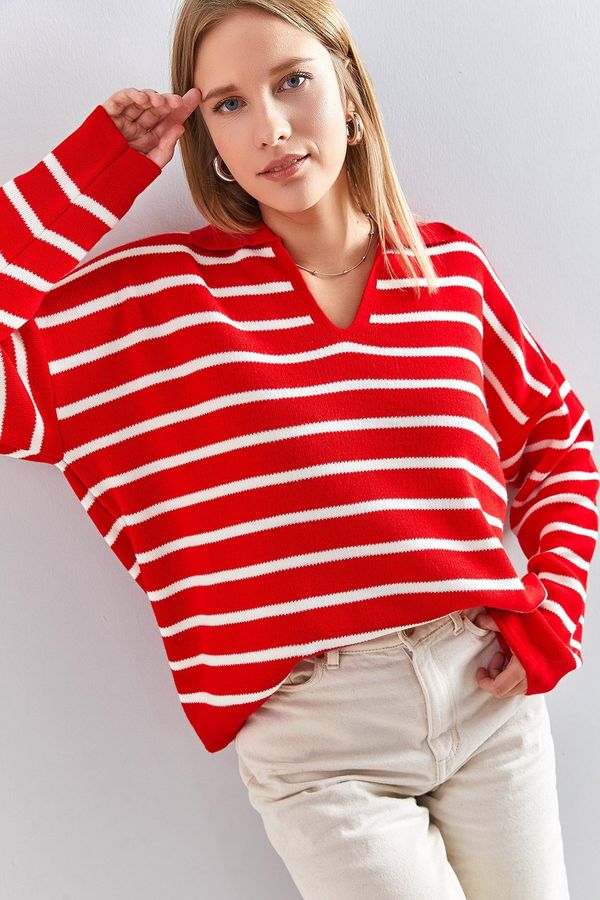 Bianco Lucci Bianco Lucci Women's Polo Neck Striped Oversize Knitwear Sweater