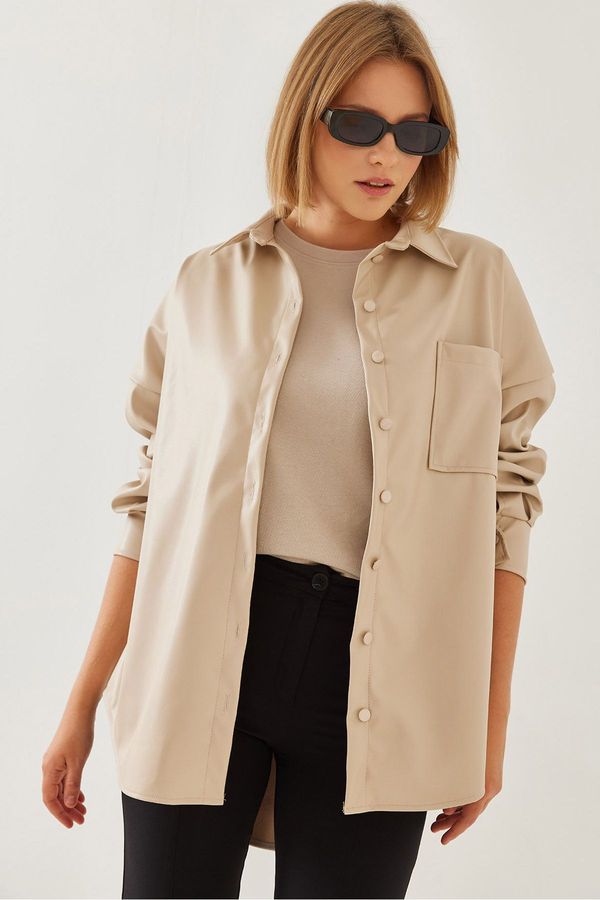 Bianco Lucci Bianco Lucci Women's Raised Single Pocket Leather Shirt