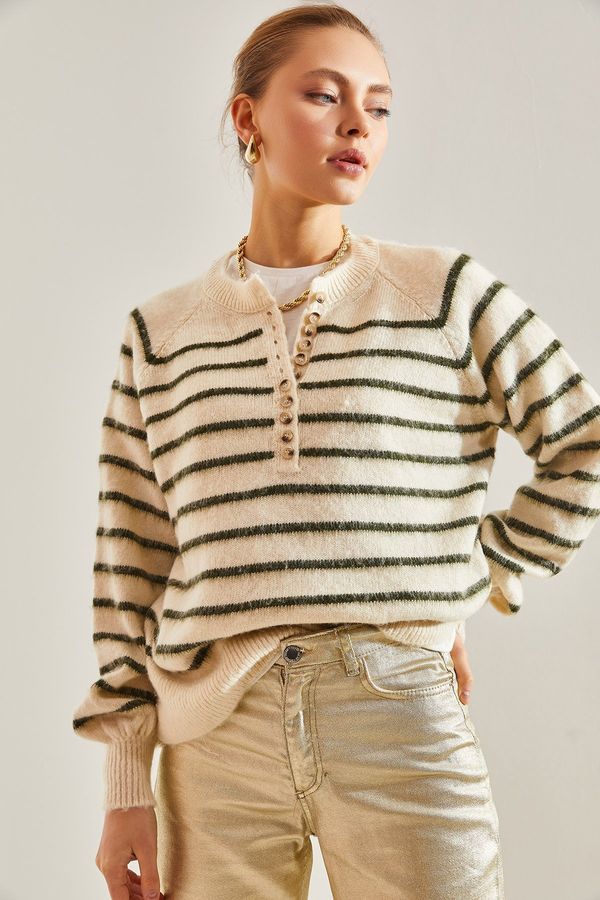 Bianco Lucci Bianco Lucci Women's Raised Striped 11 Button Knitwear Sweater