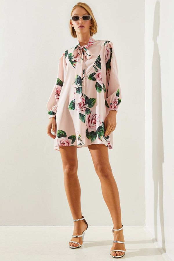 Bianco Lucci Bianco Lucci Women's Scarf Collar Floral Patterned Shirt Dress 21486