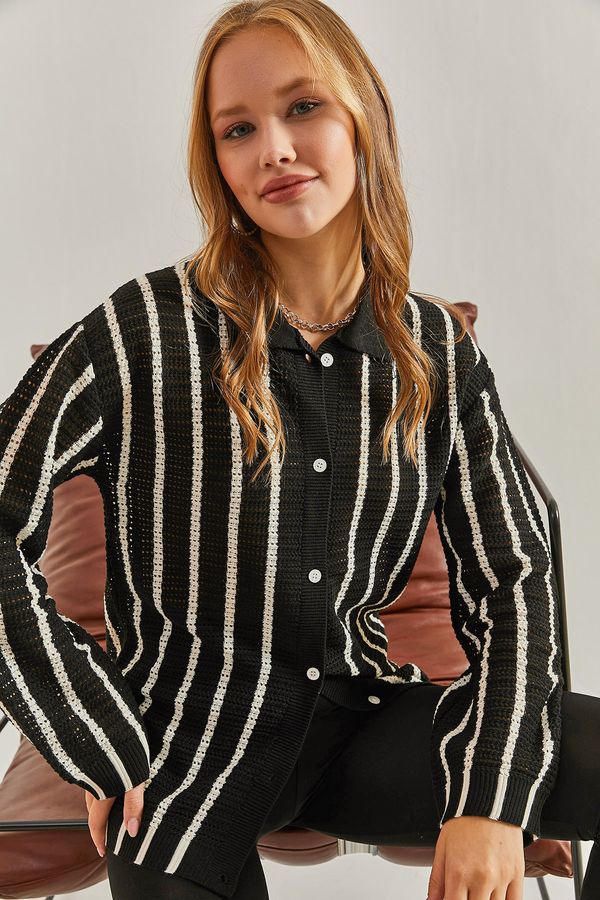 Bianco Lucci Bianco Lucci Women's Shirt Collar Long Sleeve Striped Cardigan