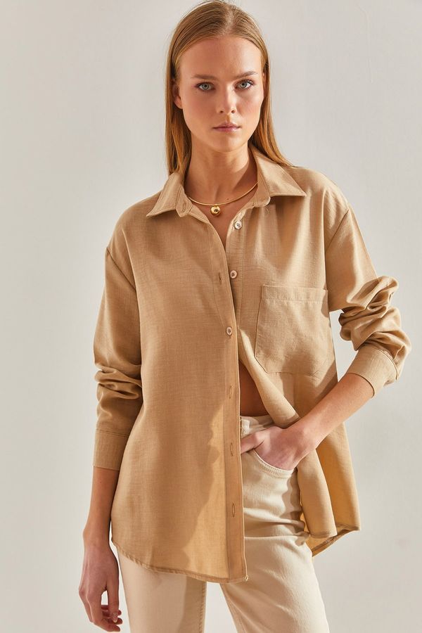 Bianco Lucci Bianco Lucci Women's Single Pocket Shirt Beige